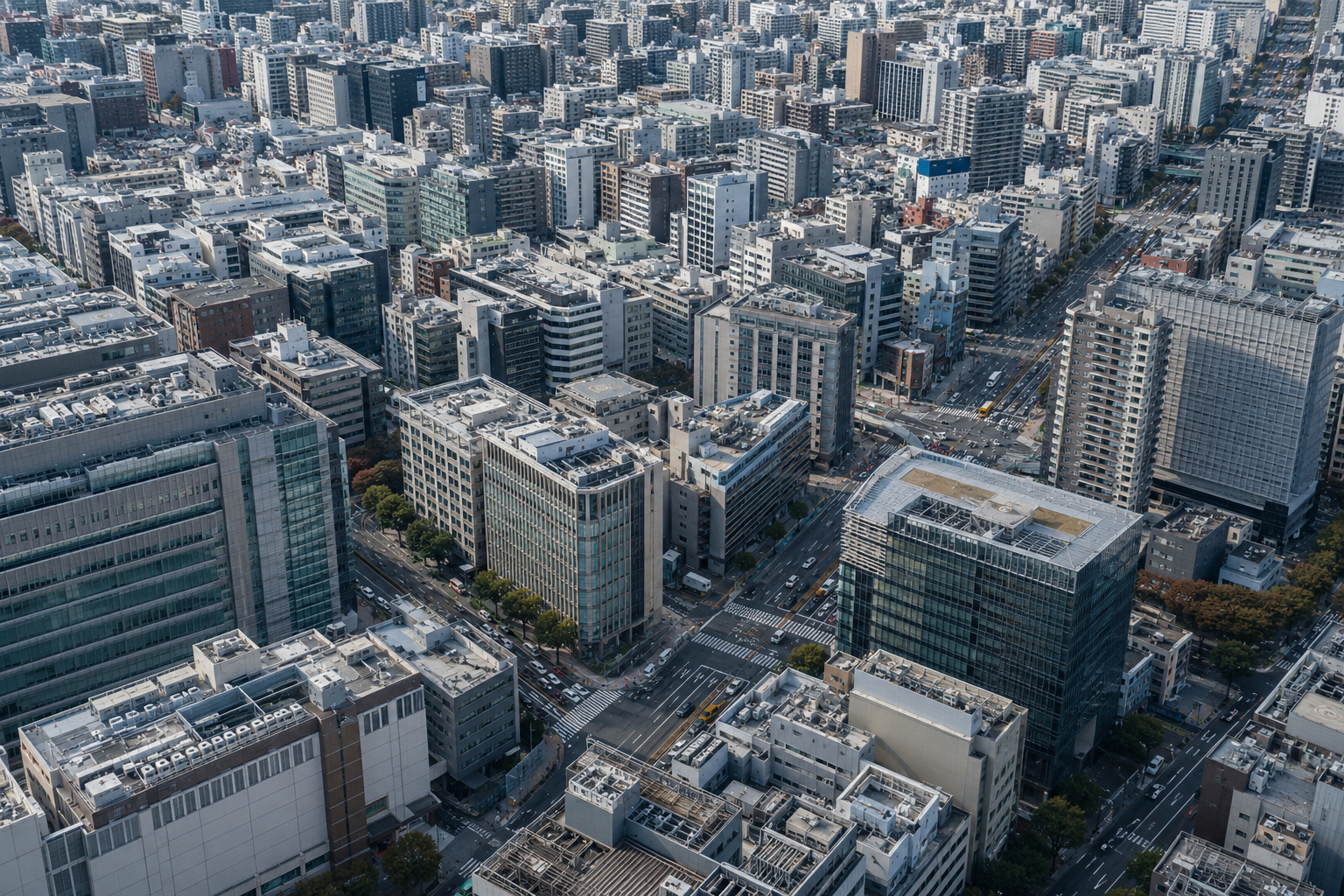 高層ビルと幹線道路が広がる都市の空中写真